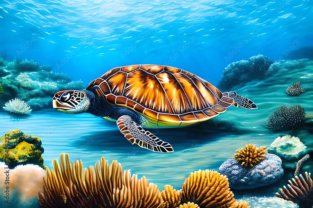 Watercolor Illustration of Sea turtle in crystal clear water. Amazing crystalline seabed. Reef full of life. Generative AI Watercolor Illustration of Sea turtle in crystal clear water. Amazing crystalline seabed. Reef full of life. Generative AI