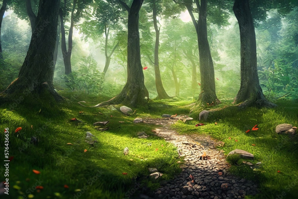 Magical forest in summer, beautiful nature scenery, colorful trees and