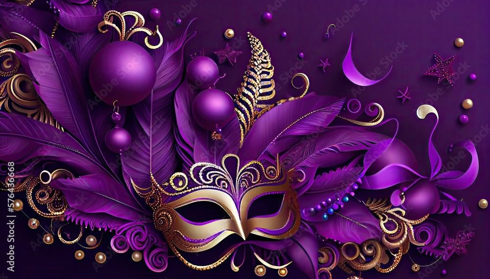 Shimmering Mardi Gras Beads and Carnival Decorations on a Violet Background, Generative AI