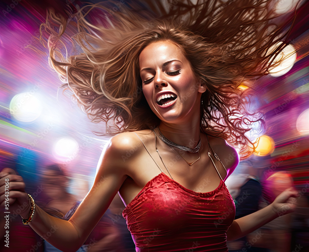 Illustration of girls dancing happily in a discotheque with colored lights in the background.