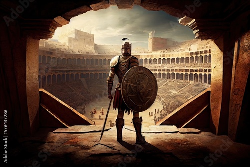 Fotografia The Majestic Antique Gladiator: Standing Strong in the Ancient Roman Coliseum wi
