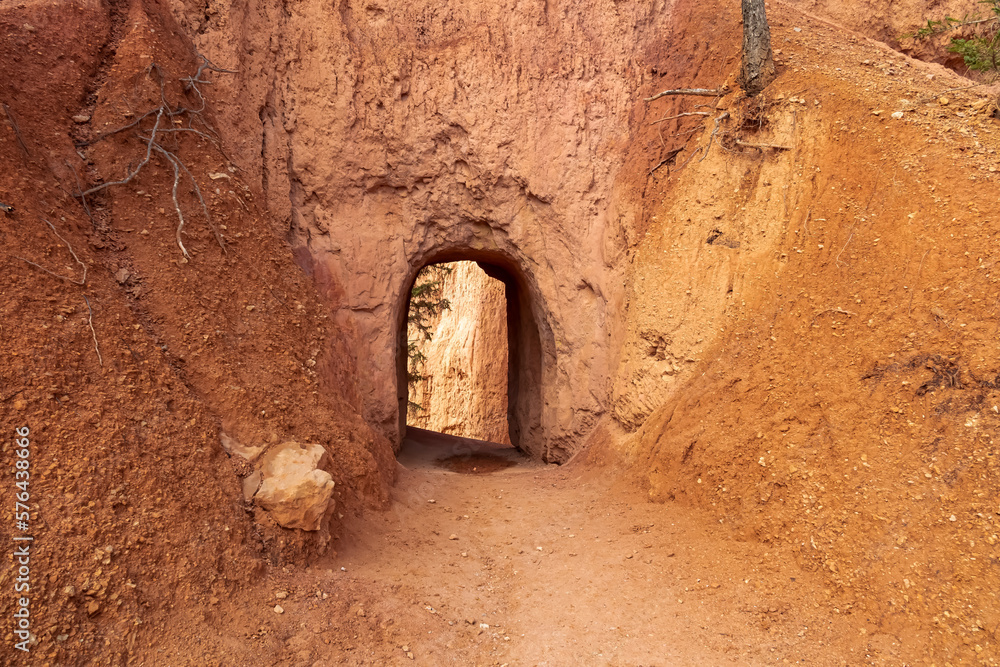 Fototapeta premium Queens Garden hiking trail going through a tunnel made of massive steep hoodoo sandstone rock formations in Bryce Canyon National Park, Utah, USA. Barren landscape in natural amphitheatre in summer