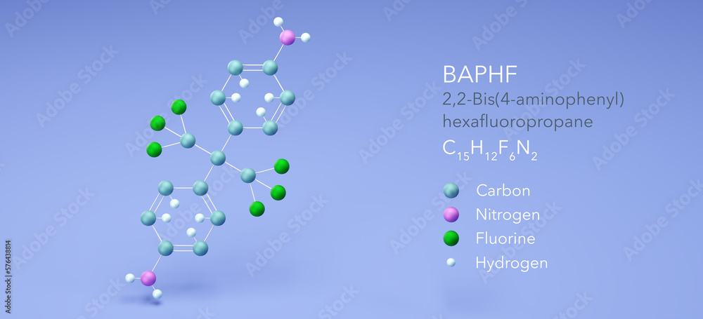 BAPHF, molecular structures, 2,2-Bis(4-aminophenyl)hexafluoropropane, 3d model, Structural Chemical Formula and Atoms with Color Coding BAPHF, molecular structures, 2,2-Bis(4-aminophenyl)hexafluoropropane, 3d model, Structural Chemical Formula and Atoms with Color Coding