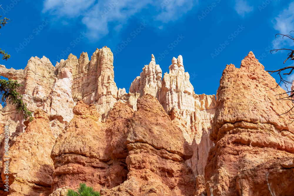 Fototapeta premium Close up scenic view of the wall of windows on Peekaboo hiking trail in Bryce Canyon National Park, Utah, USA. Massive steep hoodoo sandstone rock formations in natural amphitheatre in sunny summer