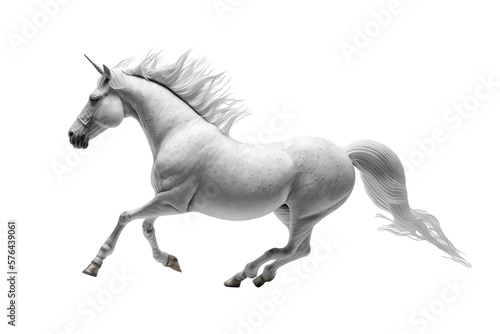 Isolated running white horse unicorn - Generative AI