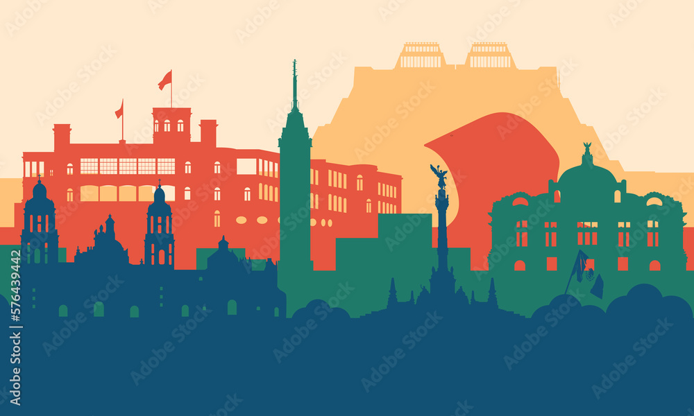 Illustration of mexico mexico city silhouette with various buildings, monuments, tourist attractions