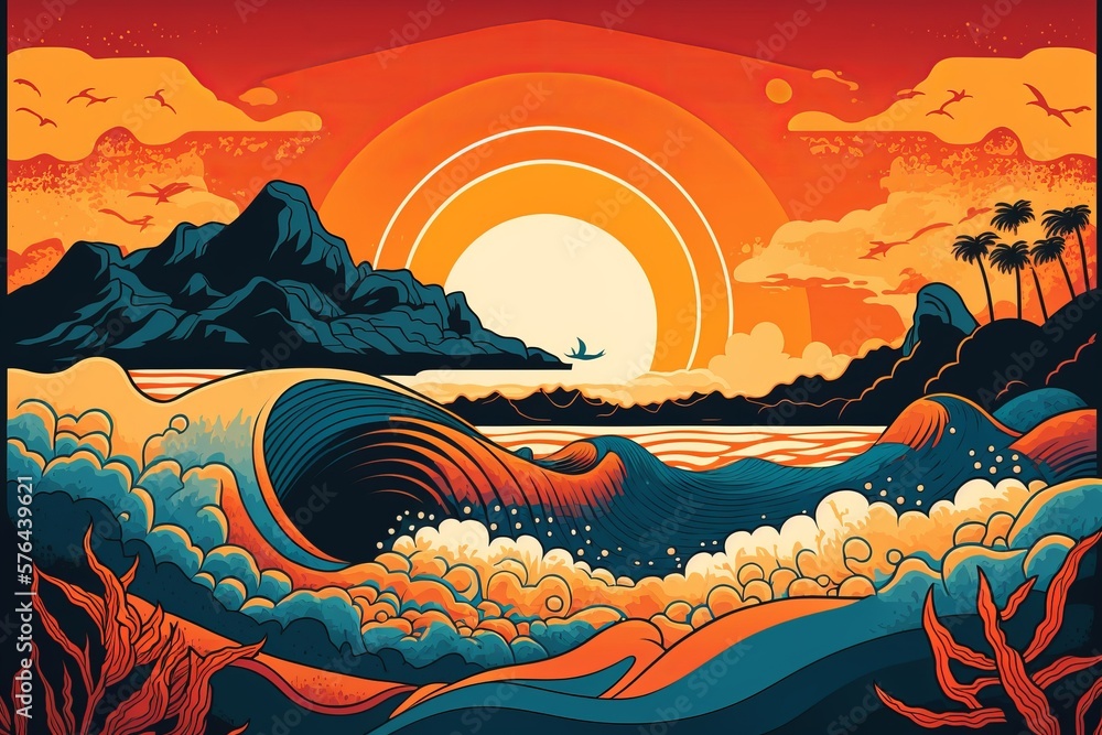 Sunset landscape boho 70's style retro graphic design, blue water ocean waves with abstract vintage art illustration, orange sun color gradient Generative AI