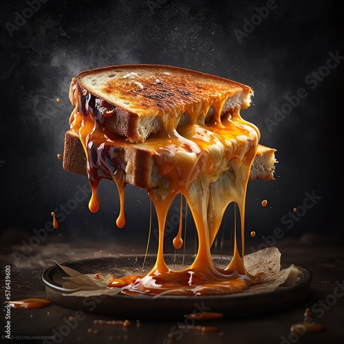 Fotografiet Saboroso sanduíche de pão de forma com queijo derretido, fotografia de alimento, com fumaça saindo, levemente tostado