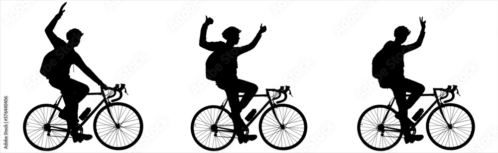 Fototapeta premium A group of cyclists. A man on a bicycle raised his hand and shows a gesture. A guy in a protective helmet, with a large backpack on his back, rides a bicycle. Side view. Black male silhouette isolated