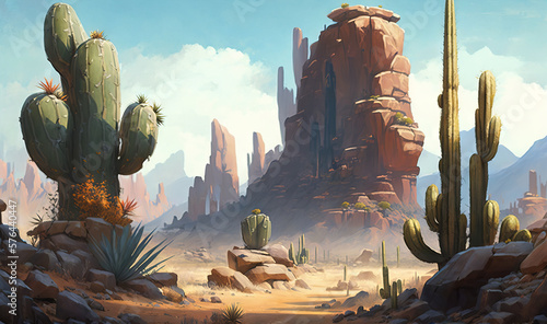  a painting of a desert scene with rocks and cactus trees. generative ai