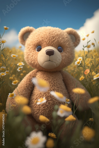 Cute teddy bear in a flower field. Generative AI © Артем Поберецкий