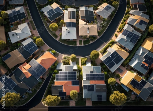 Aerial view of modern residential houses at suburb with solar panels on roof. Renewable ecological green energy production concept. Generative AI.