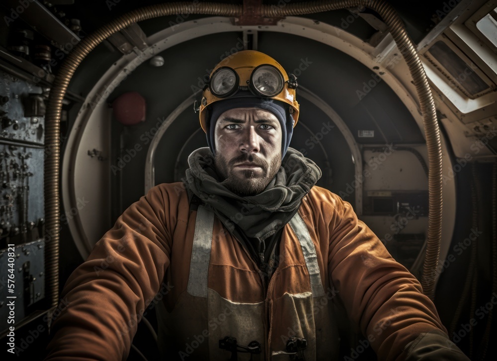 Naklejka premium Portrait of a young caucasian man from ship crew. Concept of repairman, worker man in the tanker ship. Generative AI.