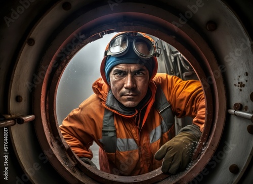 Portrait of a young caucasian man from ship crew. Concept of repairman, worker man in the tanker ship. Generative AI.