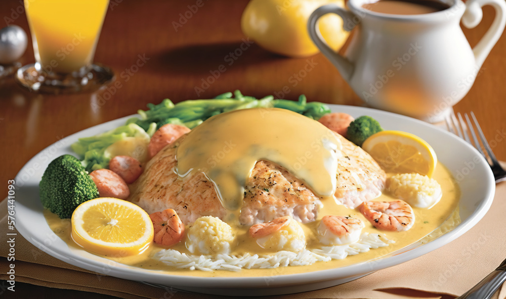 a white plate topped with salmon covered in gravy. generative ai a white plate topped with salmon covered in gravy. generative ai