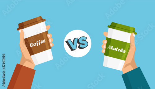 Coffee versus matcha tea. Drinks battle. Design element for your advertisement. Vector illustration.
