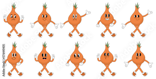 A Set of bulb onions cartoon groovy stickers with funny comic characters, gloved hands. Modern illustration with legs and arms.