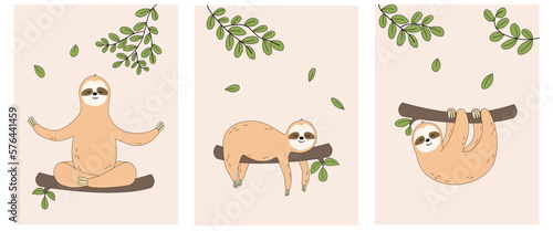 Set of cute solth vector. Lazy animal characters. Sloth bears hanging on the tree. Cartoon cute sloth bear. Illustration for nursey design, poster, greeting, birthday card, baby shower. Hand drawn.