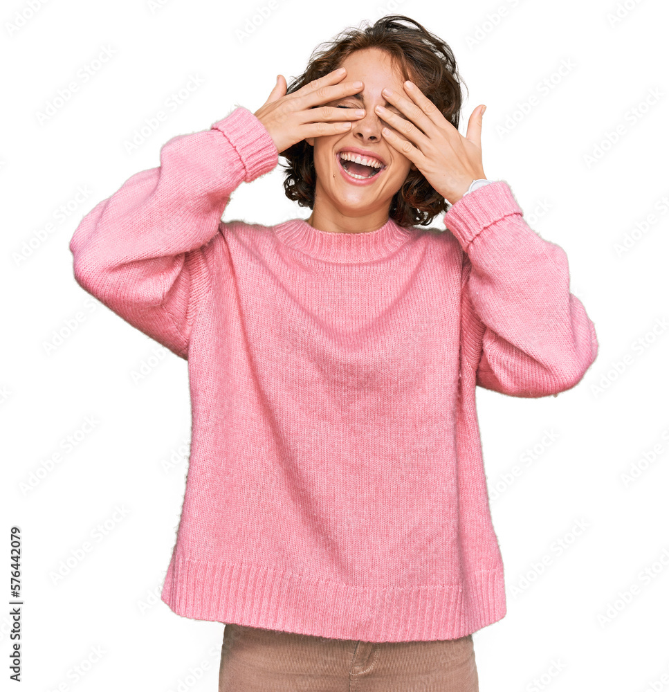 Young hispanic woman wearing casual clothes covering eyes with hands smiling cheerful and funny. blind concept. Young hispanic woman wearing casual clothes covering eyes with hands smiling cheerful and funny. blind concept.