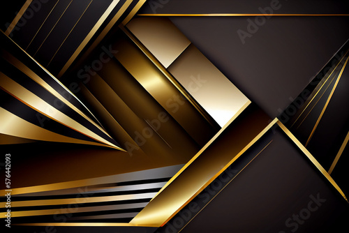 Black and gold background for design. Geometric shapes. Triangles, squares, stripes, lines. Color gradient. Modern, futuristic. Light dark shades. Web banner