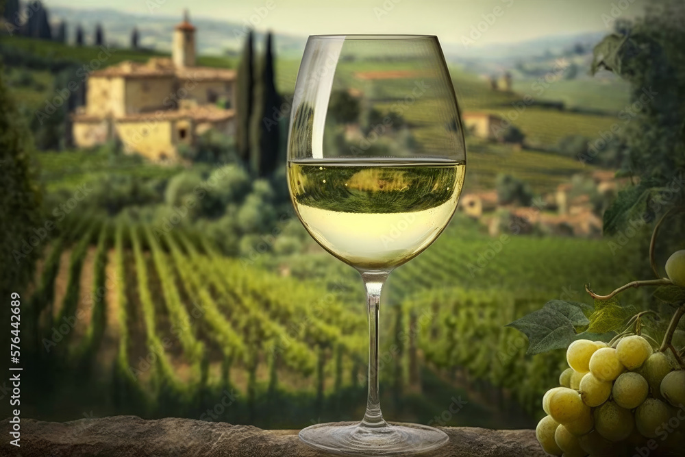 Vineyard with rows of grape vines with a glass of white wine. Generative ai Vineyard with rows of grape vines with a glass of white wine. Generative ai