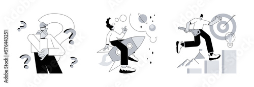 Brain activity abstract concept vector illustration set. Thinking and imagination, problem solving, brainstorming, idea and fantasy, motivation and inspiration, find solution abstract metaphor.