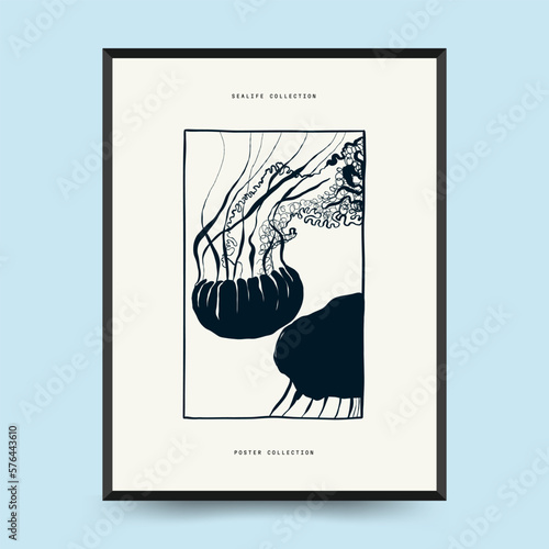 Abstract ocean and sea posters template. Modern sea Botanical trendy black style. Vintage seaweed, fish, shell. Ink wall  art.