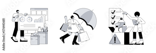 Customer choice abstract concept vector illustration set. Food consumption, consumer protection, product safety, nutrition habit, buyers rights, safe online purchase, certification abstract metaphor.