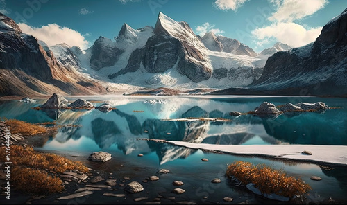  a painting of a mountain lake surrounded by snow covered mountains. generative ai