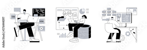 Website architecture abstract concept vector illustration set. Web development, PHP and MySql, CMS content management system, interface design, software testing, application coding abstract metaphor.