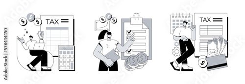 Tax preparation abstract concept vector illustration set. Corporate tax, taxable income, fiscal year, document preparation, payment planning, corporate accountancy, annual return abstract metaphor.
