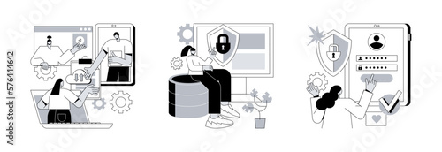 Cloud service access abstract concept vector illustration set. Shared document, cyber security, sign in page, public folder access, editing online, data protection, user login abstract metaphor.