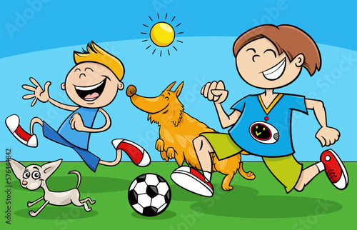 cartoon boys characters playing ball with their dogs