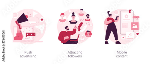 Internet promotion abstract concept vector illustration set. Push advertising, attracting followers, mobile content, follow social media page, digital marketing strategy, promotion abstract metaphor.
