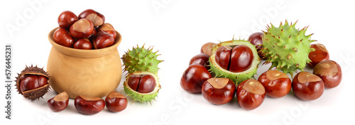 chestnut in a wooden bowl isolated on white background closeup