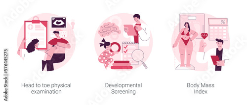 Health check up abstract concept vector illustration set. Head to toe physical examination, developmental screening, body mass index, health issue diagnostics, weight loss program abstract metaphor.