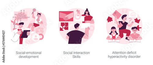 Kids emotional management abstract concept vector illustration set. Social development and interaction skills, attention deficit hyperactivity disorder, autism diagnostics, ADHD abstract metaphor.