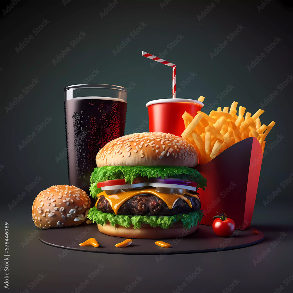 Beautiful fast food background for art design. Burger and cola Stock