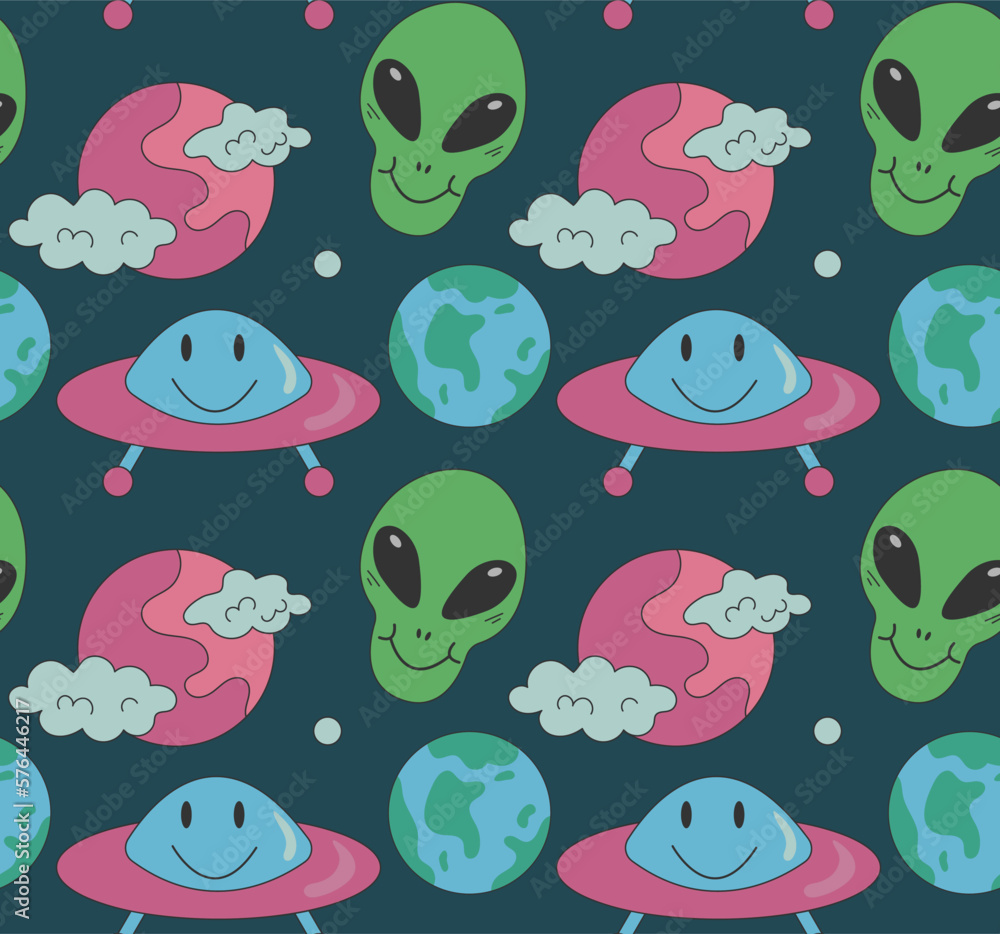 Groovy pattern Alien, ufo, planet in cartoon hippie style on dark background
