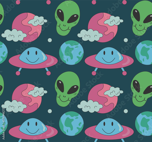 Groovy pattern Alien, ufo, planet in cartoon hippie style on dark background