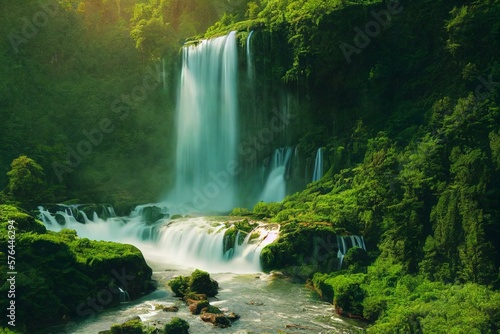 Waterfall landscapes waterfall in nature landscape. Famous tourist attractions and landmarks destination in nature landscape. Aerial drone view of top waterfall.Generative AI