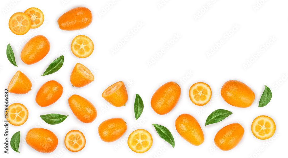 Cumquat or kumquat with half isolated on white background with copy space for your text. Top view. Flat lay Cumquat or kumquat with half isolated on white background with copy space for your text. Top view. Flat lay