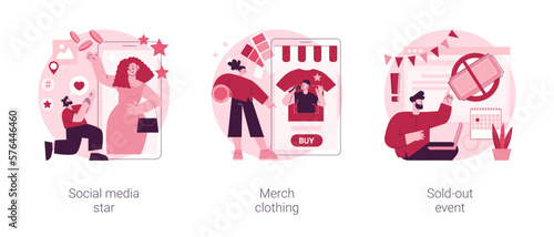 Celebrity media engagement abstract concept vector illustration set. Social media star, merch clothing, sold-out event, account monetization, branded design, show overbooking abstract metaphor.