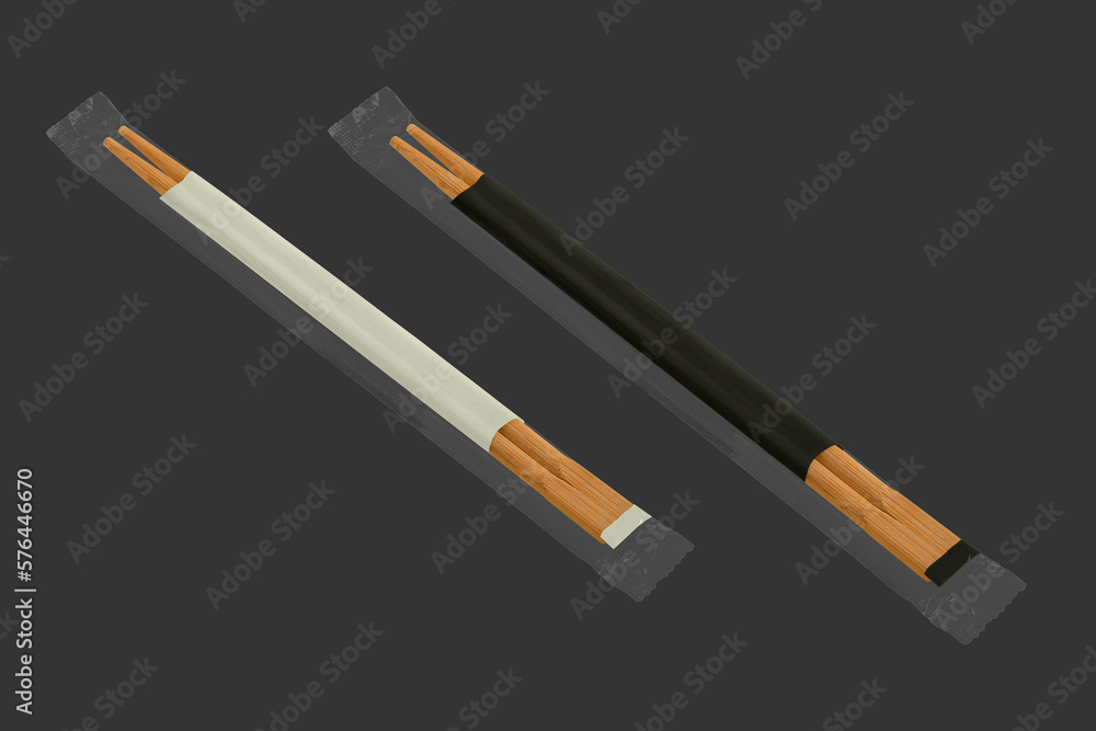 Two 3d Realistic Wooden Chopsticks Packages . White and Black Blank Package Set, Closeups Isolated on dark Background. Design Template of Asian Food Sticks, Mockup. Top View.3d rendering. Two 3d Realistic Wooden Chopsticks Packages . White and Black Blank Package Set, Closeups Isolated on dark Background. Design Template of Asian Food Sticks, Mockup. Top View.3d rendering.