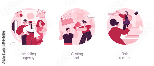 Fashion and movie industry abstract concept vector illustration set. Modeling agency, casting call, role audition, commercial shootings, brand advertising, talent search, interview abstract metaphor.