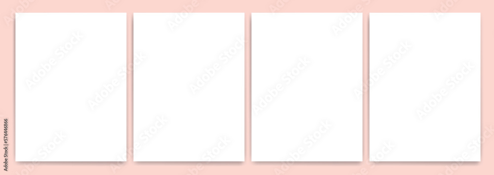 Four white blank papers with shadows on the pink background. Templates for presentation of design like flyer, cover, poster. mock up design template.