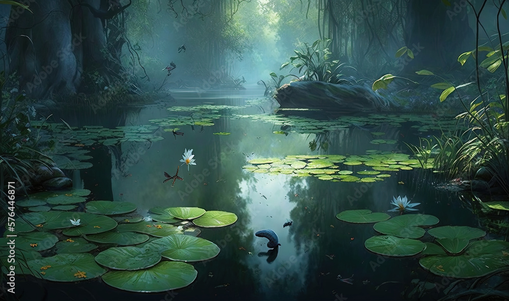  a painting of a pond with lily pads in the foreground.  generative ai