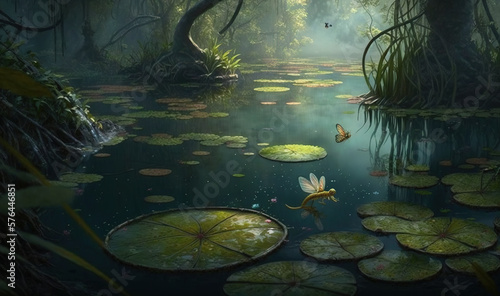  a painting of a swamp with lily pads and a butterfly.  generative ai