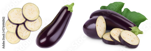 Eggplant or aubergine with slices isolated on white background. Top view, flat lay