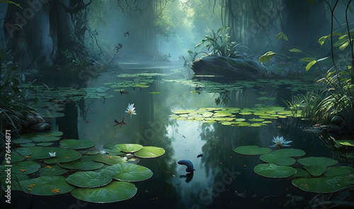  a painting of a pond with lily pads in the foreground. generative ai